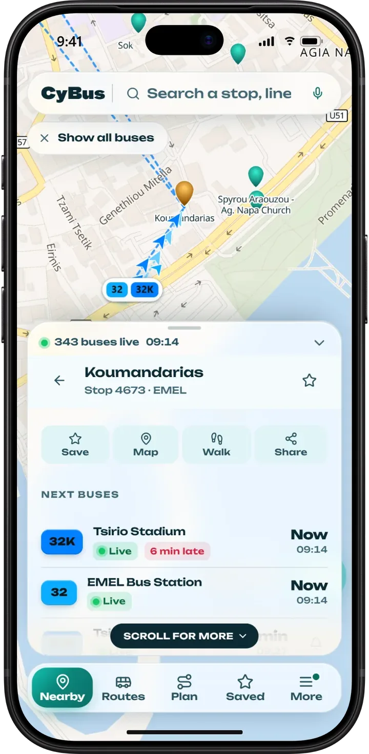 A stop panel listing the next buses with minutes and arrival times